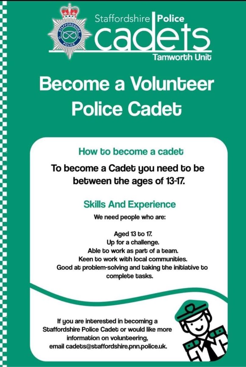 🚓 Have you or any of your friends or family ever wanted to join the police from a young age? Why not join voluntarily as a Police Cadet? We currently have spaces available at Tamworth…further information below or visit the <a href="/StaffsPolice/">Staffordshire Police</a> website 🚔🚨#cadet #police #career