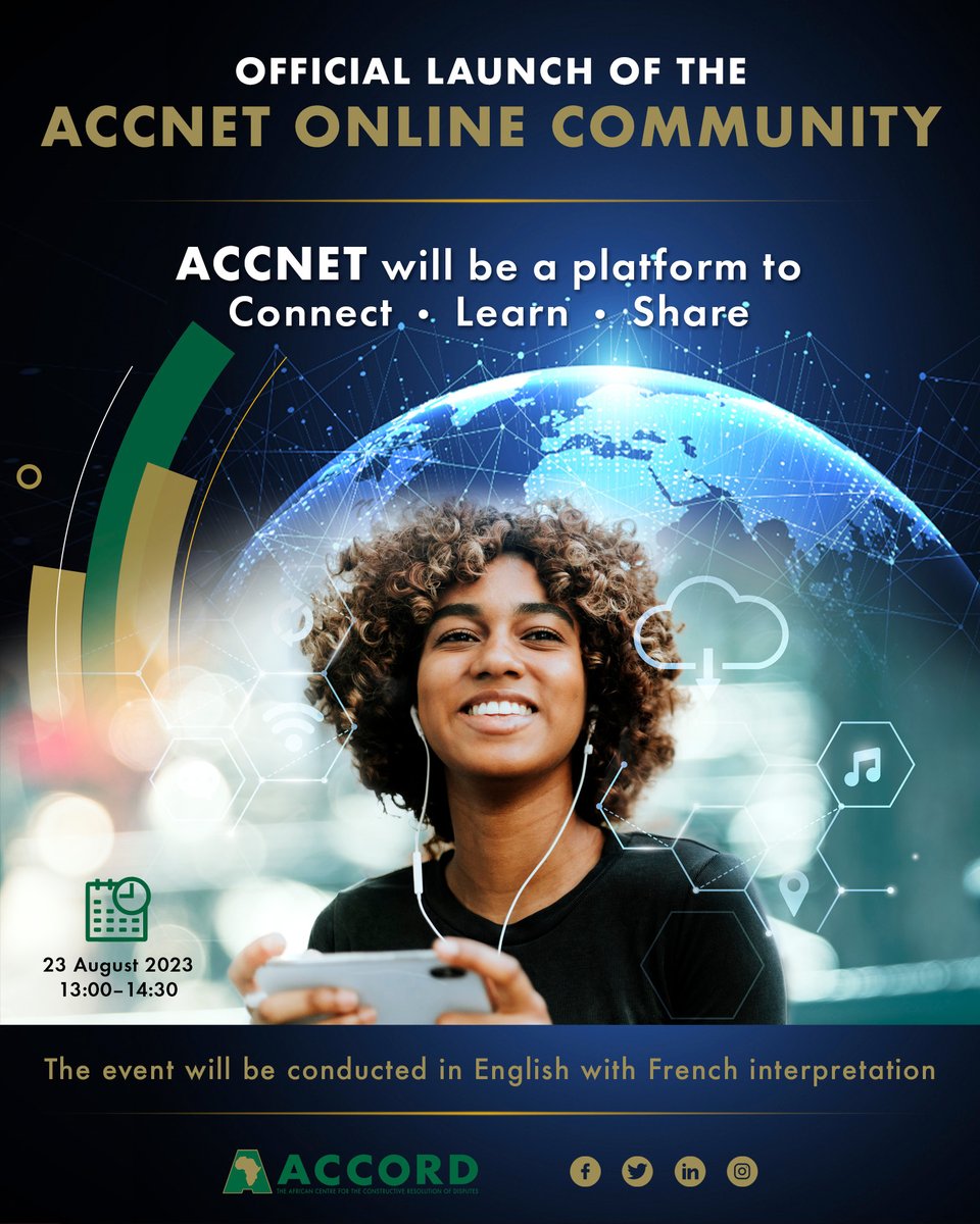 ACCORD_online's tweet photo. We are thrilled to invite you to join the official launch for the ACCORD Network (ACCNET)��
#ACCNET will be an online platform for sharing knowledge & information among people interested in addressing continental peace & security challenges.
Register⤵️
https://t.co/oQ7LzgHlSU https://t.co/sacG8gI0r2