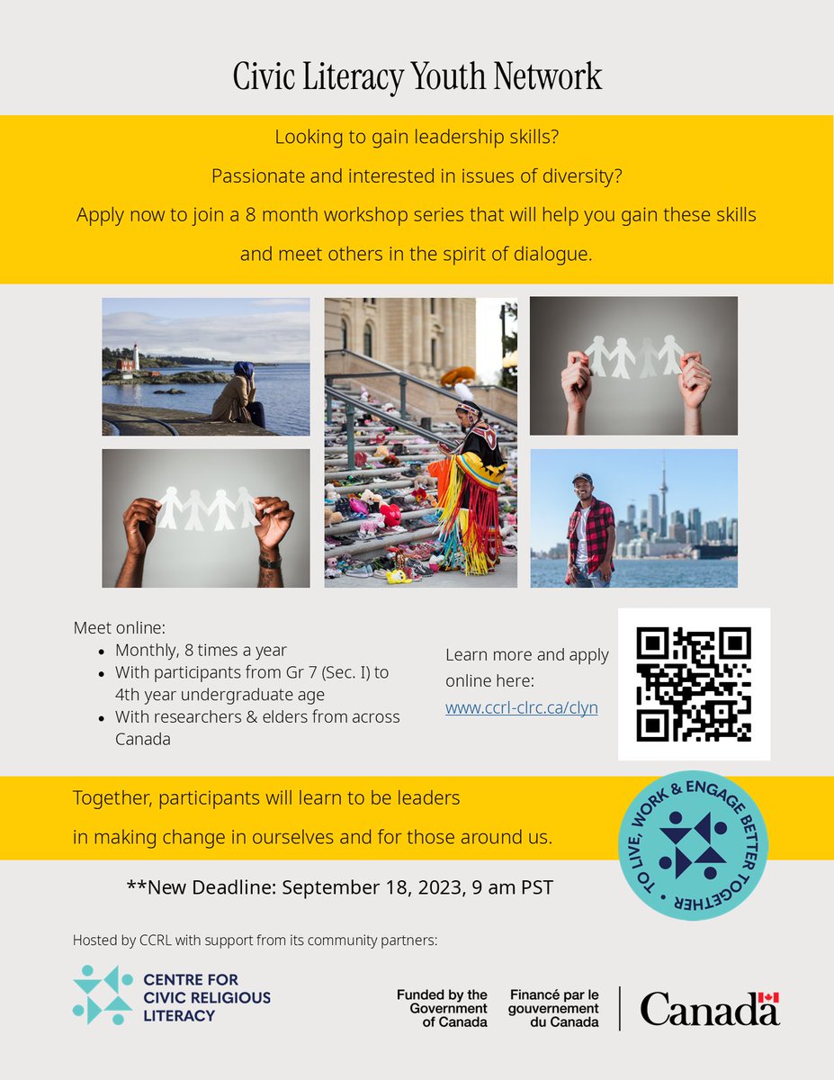Good news! 

The CLYN deadline is extended to September 18!

Please share the news with #youth and young adults in your networks. ccrl-clrc.ca/clyn

#leadership #civic #racism #discrimination #religiousliteracy #Canada #dialogue #skills #development