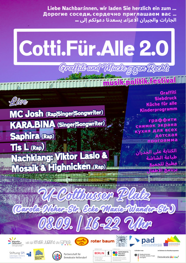 Wir laden euch zum "COTTI.FÜR.ALLE 2.0" ein.
Wir wollen zusammen kommen, Graffiti sprühen &amp; zu guter Musik abgehen.

Wir wollen den Raum gemeinsam bunt gestalten &amp; ein Platz für alle sein, die sich für einen solidarischen Kiez einsetzen!

Reclaim Cotti!
#b0809 #MaHe #Hellersdorf