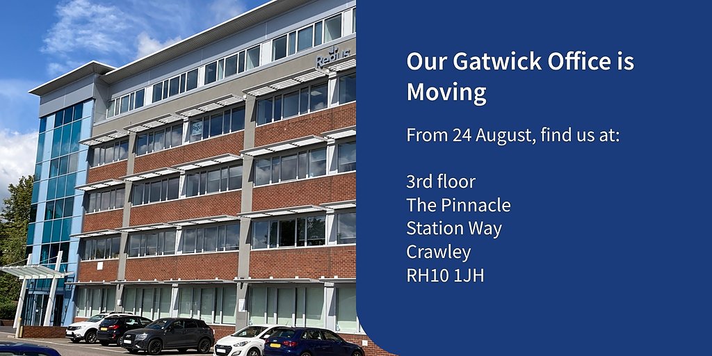 We're excited to move to our new #Gatwick office on Thursday 24 August. We look forward to welcoming you to our new home on Station Way. Keep an eye out for more details. #OfficeMove