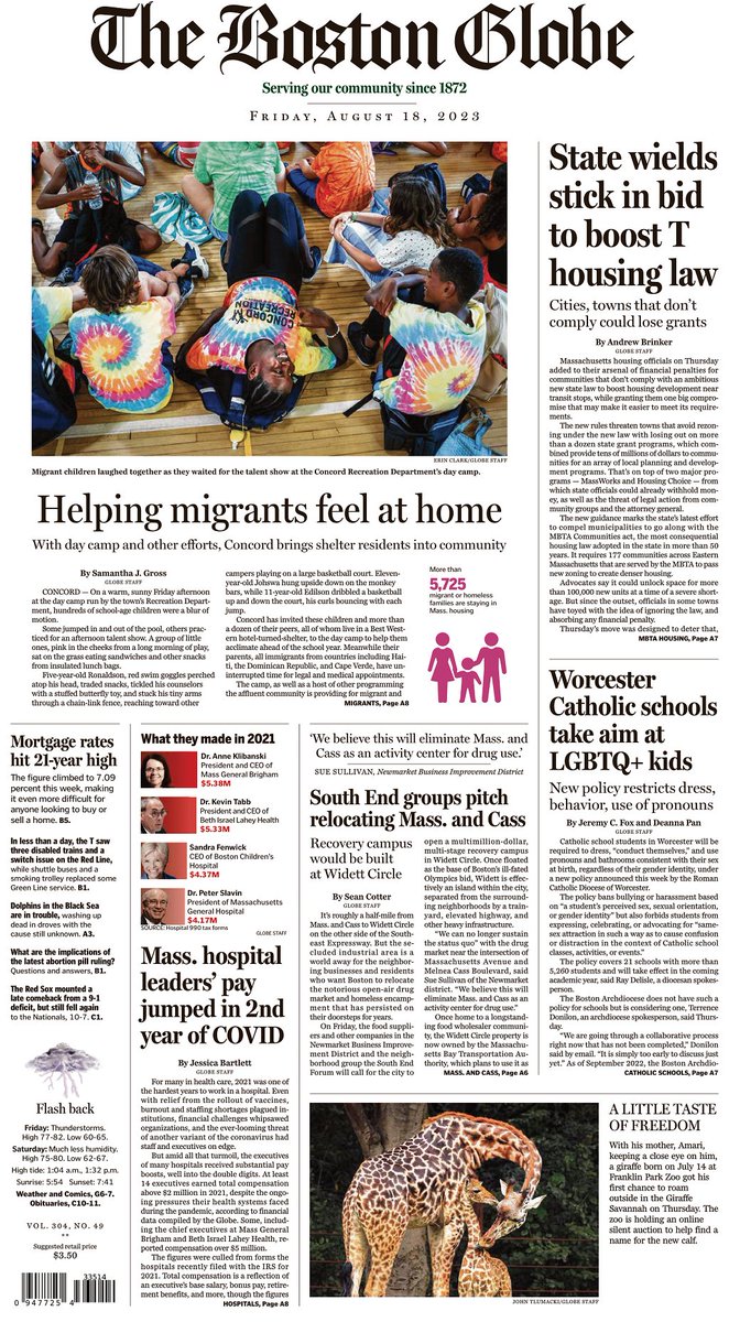 In today's paper: A shelter for migrants opened in Concord. The town found a way to bring immigrant families into its community, State may deny grants to communities that don’t comply with new MBTA housing law, and more trib.al/vggLkOp