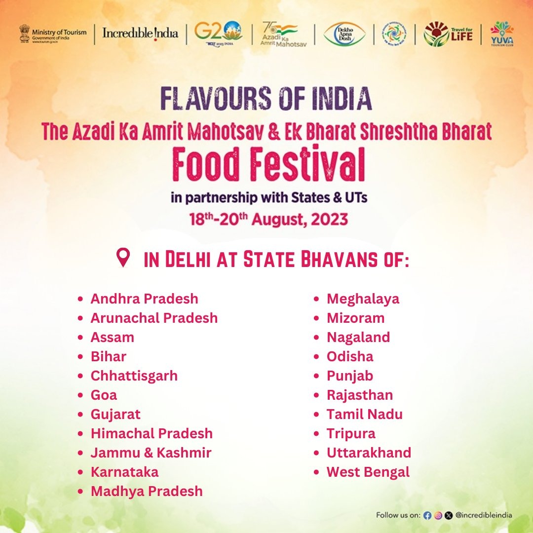 MDoNER_India's tweet photo. Enjoy the Ultimate Food Fiesta!

Want to treat your taste buds with delectable #NorthEastern🇮🇳 Cuisines?

Here is 'Flavours of India' from 18-20 Aug, 2023, offering you the greatest local flavours of #EkBharatShreshthaBharat🇮🇳

Visit the State Bhawans with your family &amp; friends. https://t.co/aO4TSk9lxi