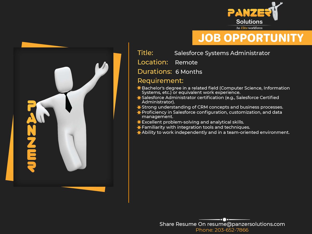 Job Title: Salesforce Systems Administrator
Location: Remote
Duration: Remote
Share resumes at resume@panzersolutions.com
Or for more job requirements, click on the below link
Click Here: panzersolutions.com/jobopportunuti…
#PanzerSolutions #Salesforce #systemsadministrator #administrator