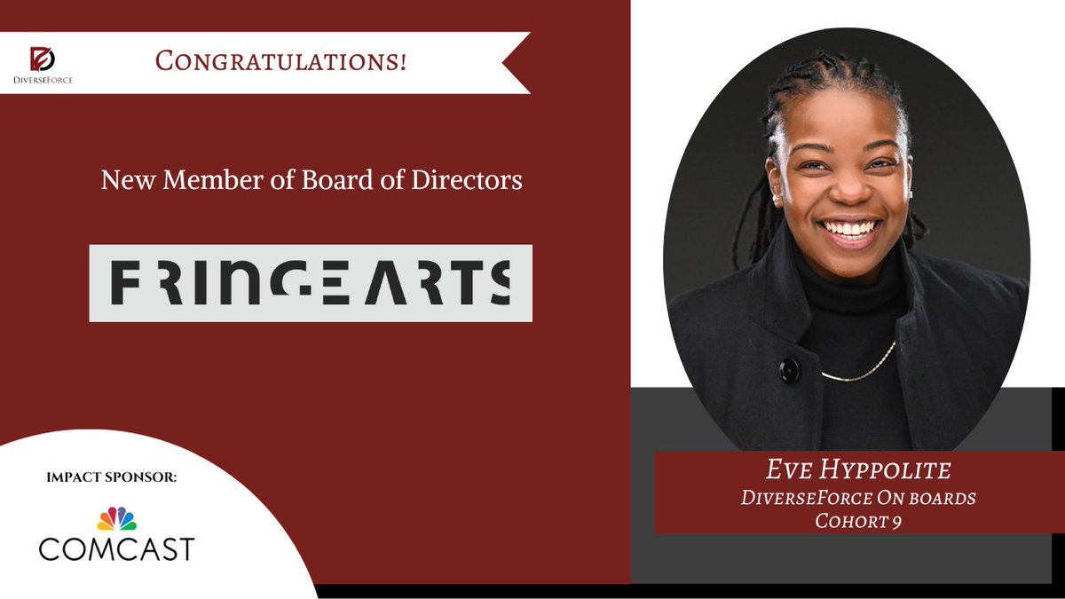 Huge congratulations to Eve Hyppolite, an alumnus of our @DiverseForce On Boards Cohort 9, for becoming a new member of the Board of Directors for @FringeArts. #diverseforce, #diverseforceonboards