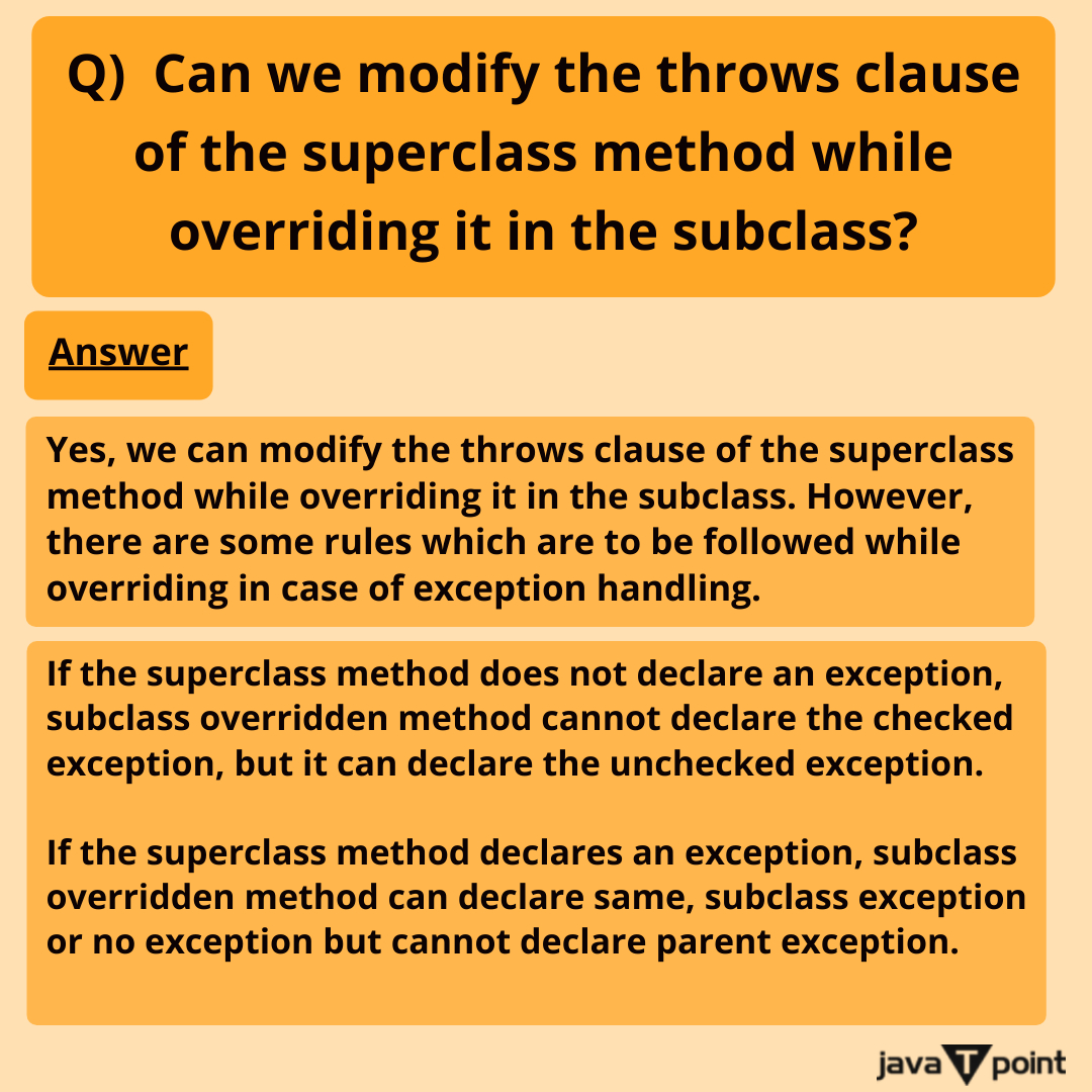 Bhavana83491661's tweet image. Can we modify the throws clause of the superclass method while overriding it in the subclass?
.
.
.
.
for more questions about Java
bit.ly/3XOMWPw
check the above link
.
.
.
.
#staticmethod #instancemethod #javaconstructor #thiskeyword #computersciencemajor #javatpoint