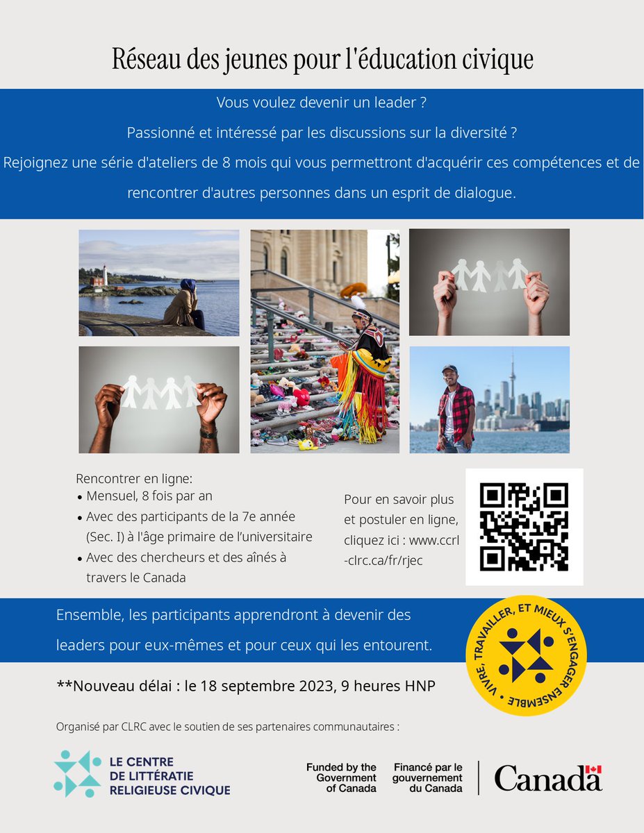 📢La date limite de RJEC est repoussée au 18 septembre !  

Veuillez partager la nouvelle avec les #jeunes et les jeunes adultes de vos réseaux. ccrl-clrc.ca/fr/rjec 

#leadership #civique #racisme #discrimination #religiousliteracy #Canada #dialogue #compétences #development