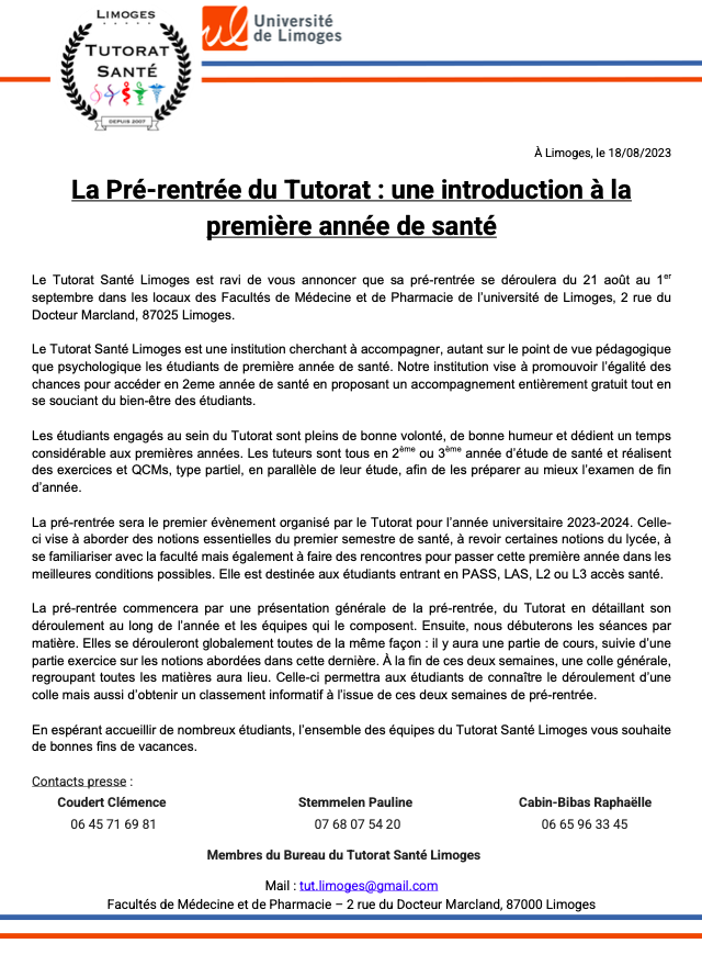 Pour appréhender au mieux le semestre qui arrive, le Tutorat Santé Limoges organise, comme chaque année, une Pré-rentrée.