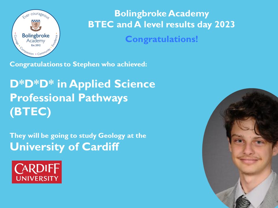 Congratulations to Stephen who achieved D*D*D* in Applied Science Professional Pathways and will be going to study #geology at <a href="/cardiffuni/">Cardiff University</a> #btecresultsday2023 #evercourageous <a href="/ArkSchools/">Ark Schools & Ventures</a>