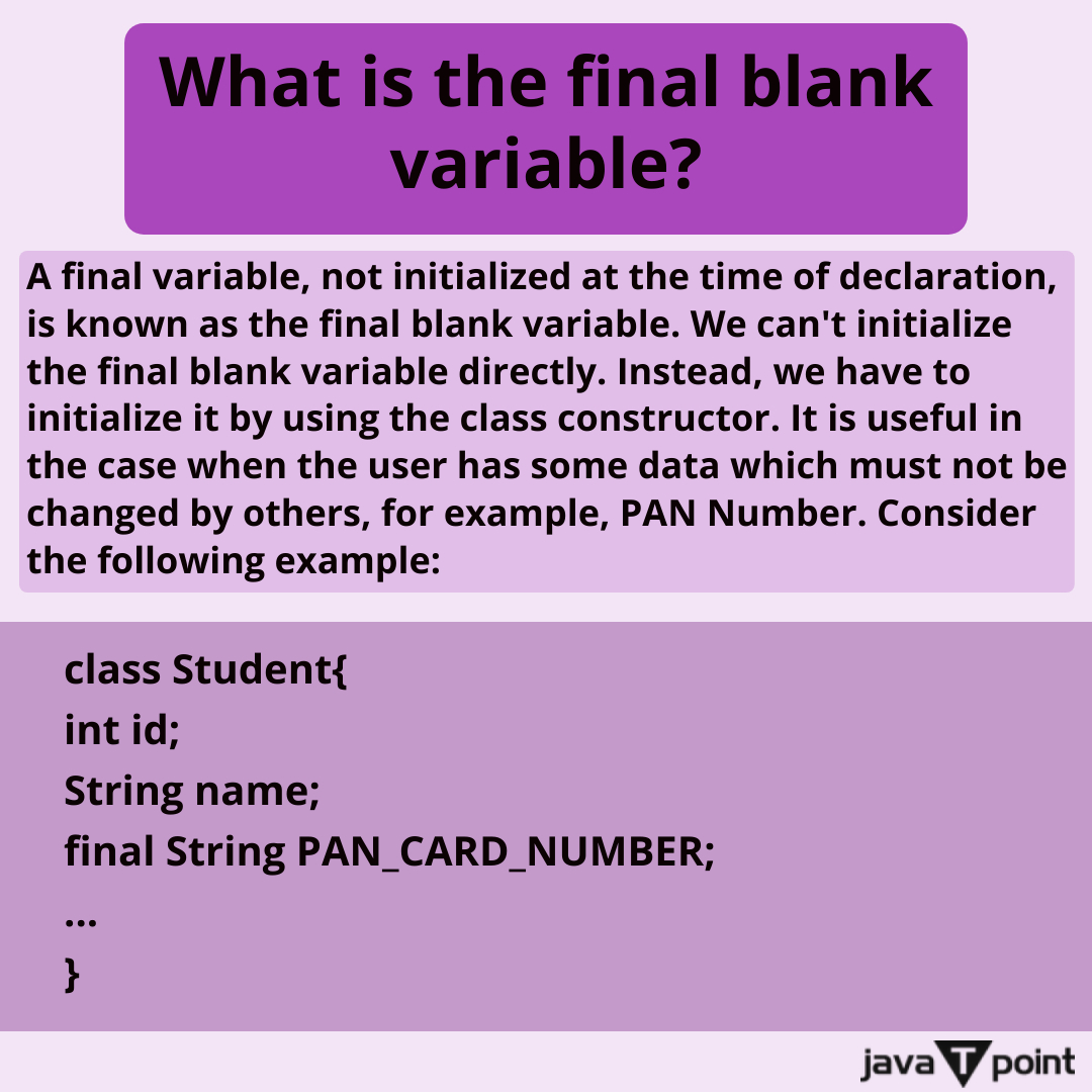 Bhavana83491661's tweet image. What is the final blank variable?
.
.
.
.
for more questions about Java
bit.ly/3XOMWPw
check the above link
.
.
.
.
#staticmethod #instancemethod #javaconstructor #javamethod #jitcompiler #classloader #javaplatform #javatpoint