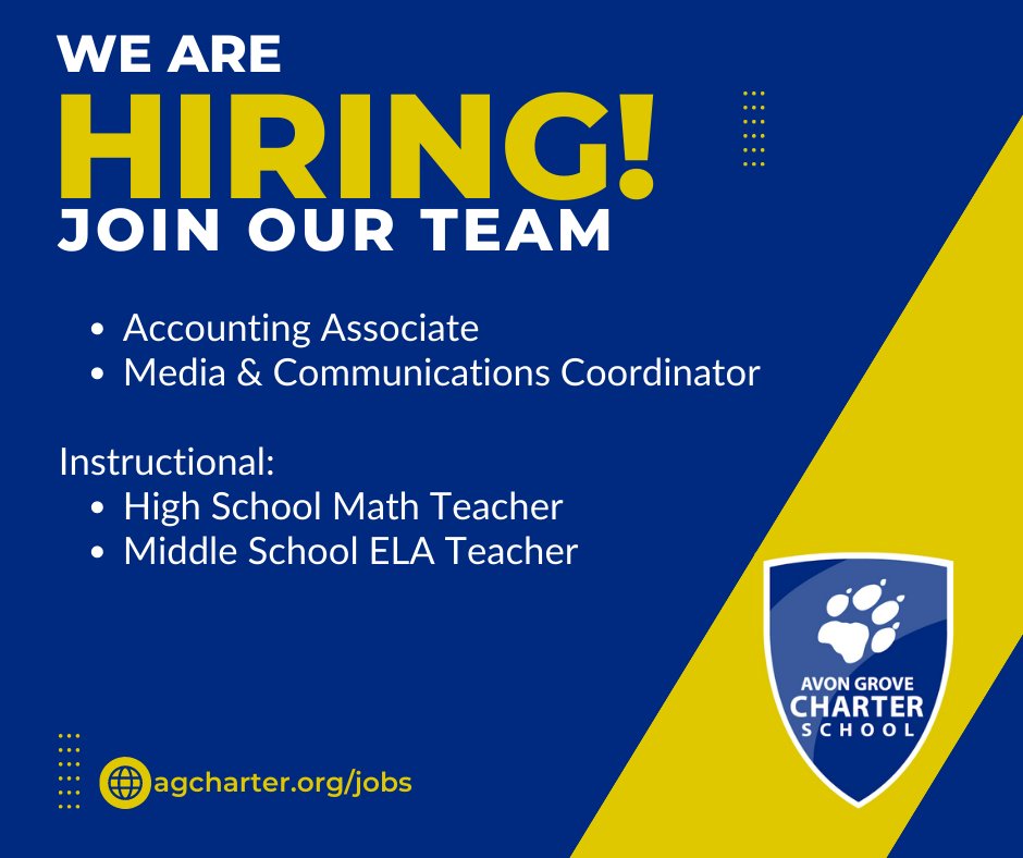 AGCharter's tweet photo. 📣AGCS is hiring! 

📌Accounting Associate
📌Media &amp; Communications Coordinator

Instructional:
📌High School Math Teacher
📌Middle School ELA Teacher

Interested applicants can view the job posting and apply at https://t.co/ekJJVsh5Go.

#agcharter #agcswolfpack #agcspackpride https://t.co/o7U5X0OA6T