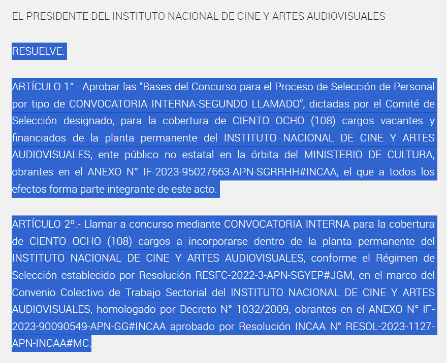 🚨ATENTOS: EL INCAA LLAMA A CONCURSO PARA LA CONTRATACIÓN DE 108 CARGOS DE PLANTA PERMANENTE.