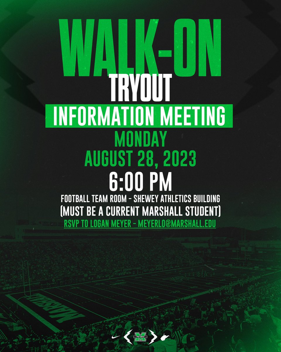 Think you got what it takes to be part of The Herd ❔👀 Now is your chance, make sure you RSVP to attend our Walk-On Information Meeting August 28th! #GoHerd 🦬 #WeAreMarshall 🟢⚪️⚫️