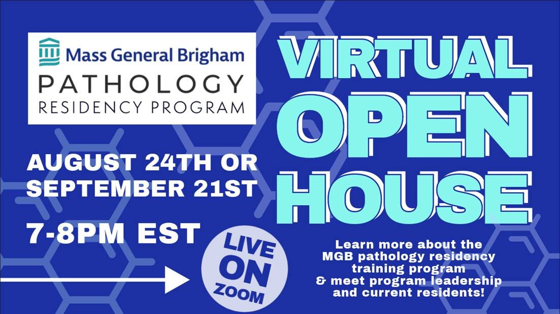 Please join us on August 24th or September 21st for a virtual open house to learn more about the MGB Pathology Residency program and meet program leadership and residents. @MGHPathology To register visit: education.mgbpathology.org/applicant-info…