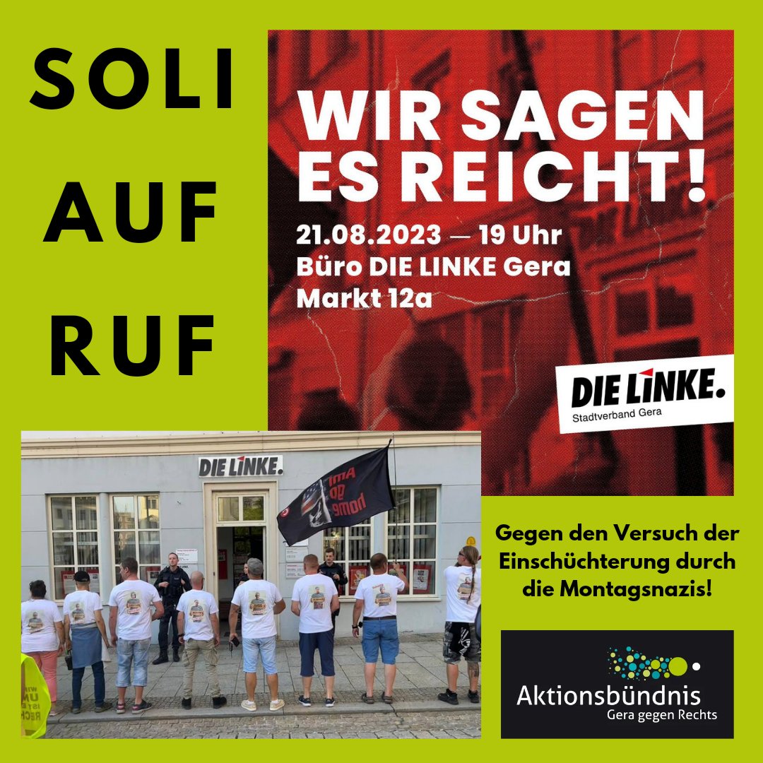 gera_nazifrei's tweet photo. Soliaufruf!
Kommt am Montag auf den Markt und lasst uns Haltung zeigen! #Gera https://t.co/UsTPsfytFb