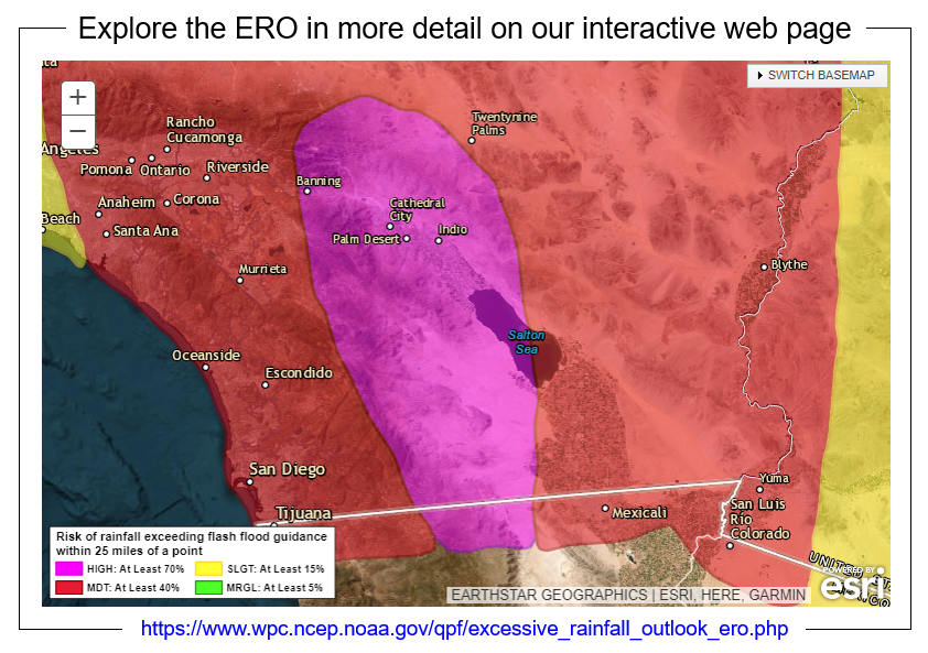 NWSWPC's tweet photo. Today's High Risk issuance in our Excessive Rainfall Outlook is the first one on record (to at least 2010) east of the mountains and in the low deserts of southern California. Explore the ERO in more detail using our interactive web page here: https://t.co/cfgBoWziaI https://t.co/cCgepmmCaQ