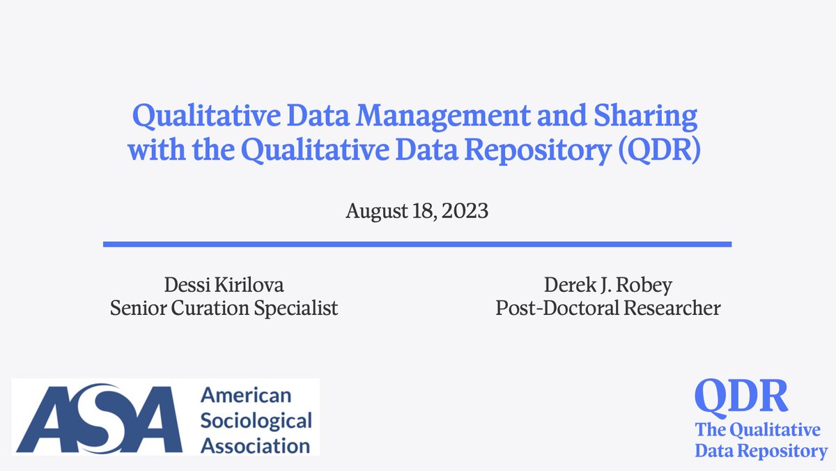 DerekRobey's tweet photo. Good morning #ASA2023 

If you use qualitative methods for your research, consider joining us this morning to discuss how to manage and share qualitative data.

Session begins at 10:00am in PCC Room 106A https://t.co/jQQoKeOQpn