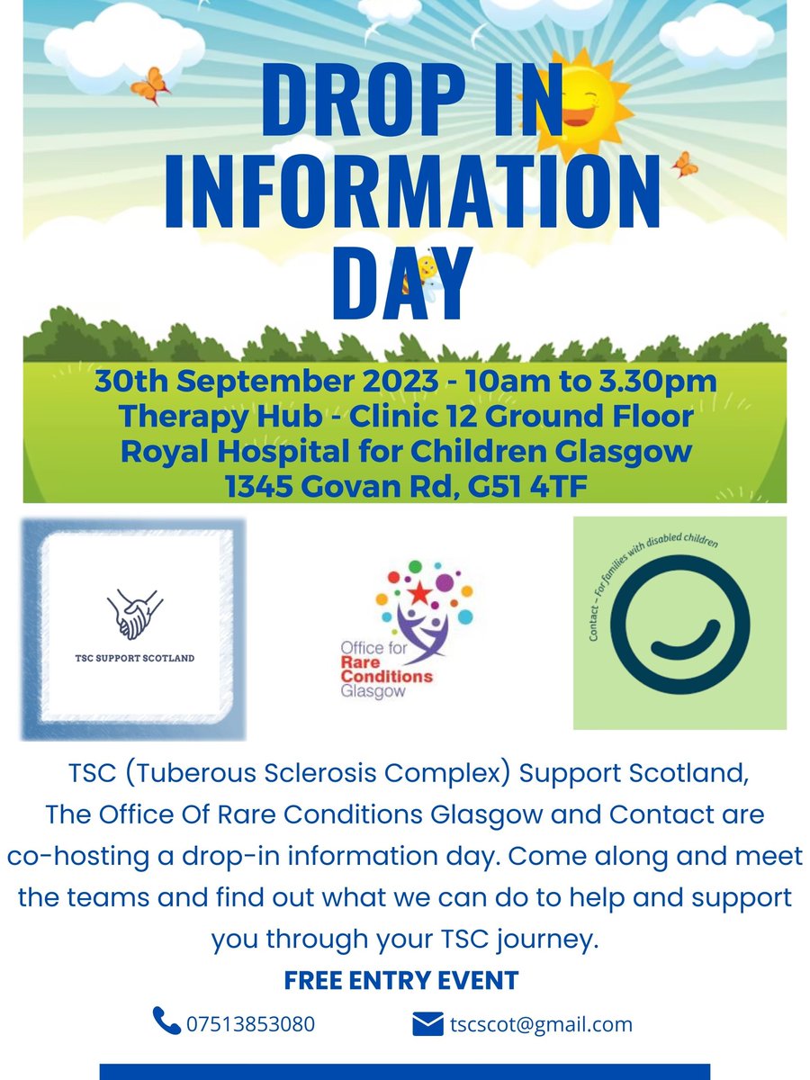 #TSC Living with Tuberous Sclerosis Complex? Come along to our drop-in information day on Saturday 30th September at the Royal Hospital for Children, Glasgow. Organised and hosted by: #TSC Support Scotland, #CONTACT, #Office for Rare Conditions