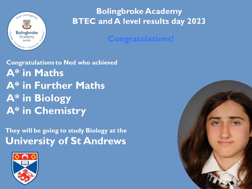 Congratulations to Ned who is off to @standrewsuniveristy to study Biology after achieving A*A*A*A*. Well done Ned! #alevelresultsday2023 #evercourageous <a href="/ArkSchools/">Ark Schools & Ventures</a>