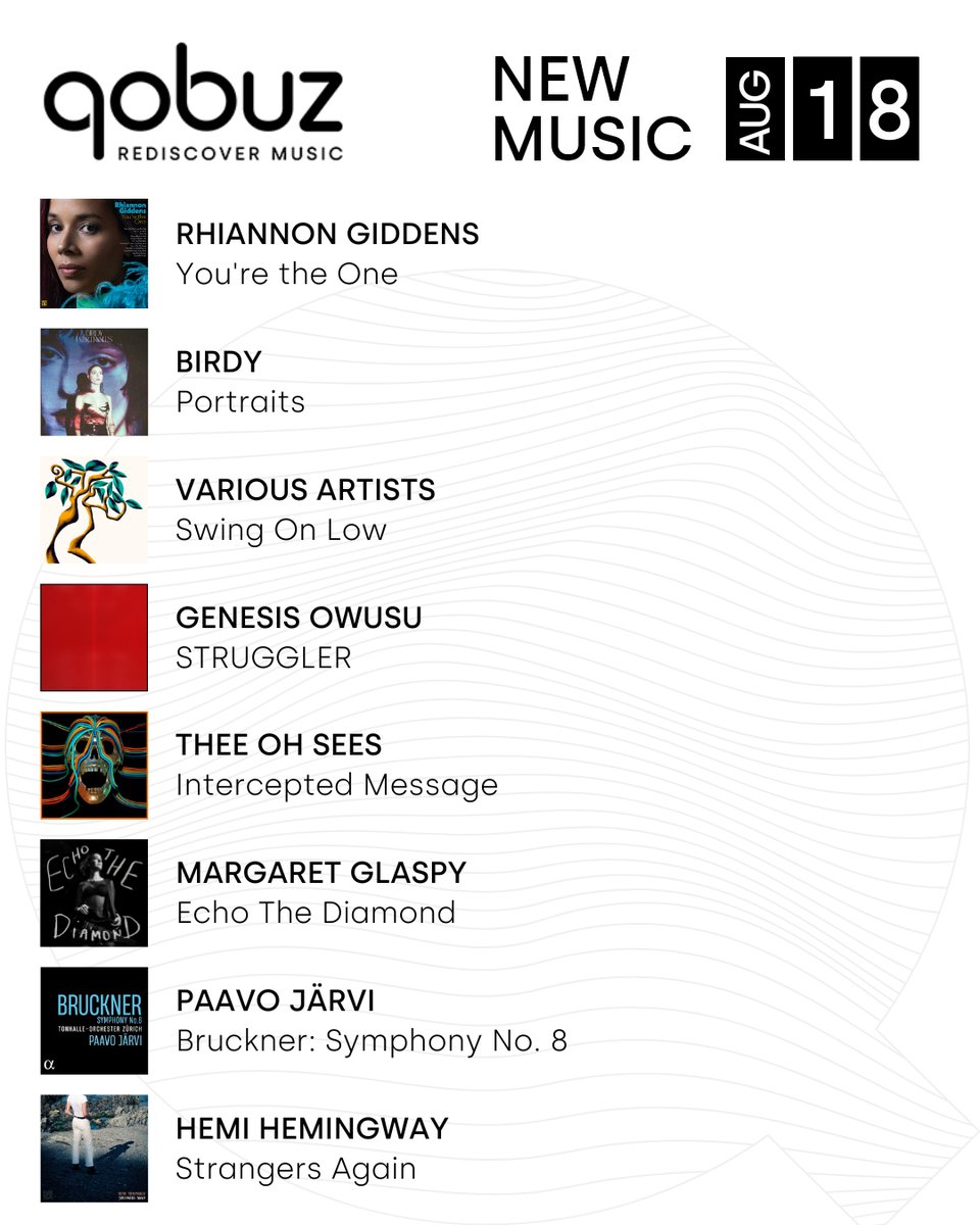 Qobuz (@qobuz) on Twitter photo What's new this Friday?
A 4th solo album with even more diverse influences from folk singer <a href="/RhiannonGiddens/">Rhiannon Giddens</a>, the second full-length release from Australian-Ghanaian artist <a href="/genesisowusu/">genesis owusu</a>, blending hip-hop, R&B & synthpop, 'Strangers Again' the debut album (and Qobuzissime!) from What's new this Friday?
A 4th solo album with even more diverse influences from folk singer <a href="/RhiannonGiddens/">Rhiannon Giddens</a>, the second full-length release from Australian-Ghanaian artist <a href="/genesisowusu/">genesis owusu</a>, blending hip-hop, R&B & synthpop, 'Strangers Again' the debut album (and Qobuzissime!) from