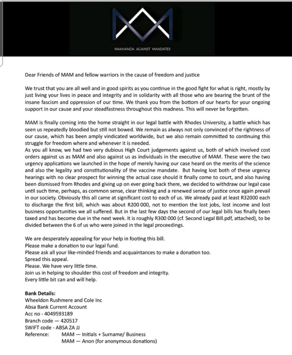 JerriKru's tweet photo. Could anyone please help a small NPO who tried to fight vaccine Mandates in their town. MAM had to withdraw the case due to lack of funds. They need to raise R300 000. More info can be provided.
#makhandaagainstmandates
#choice
#novax https://t.co/mqAafHH0Rh