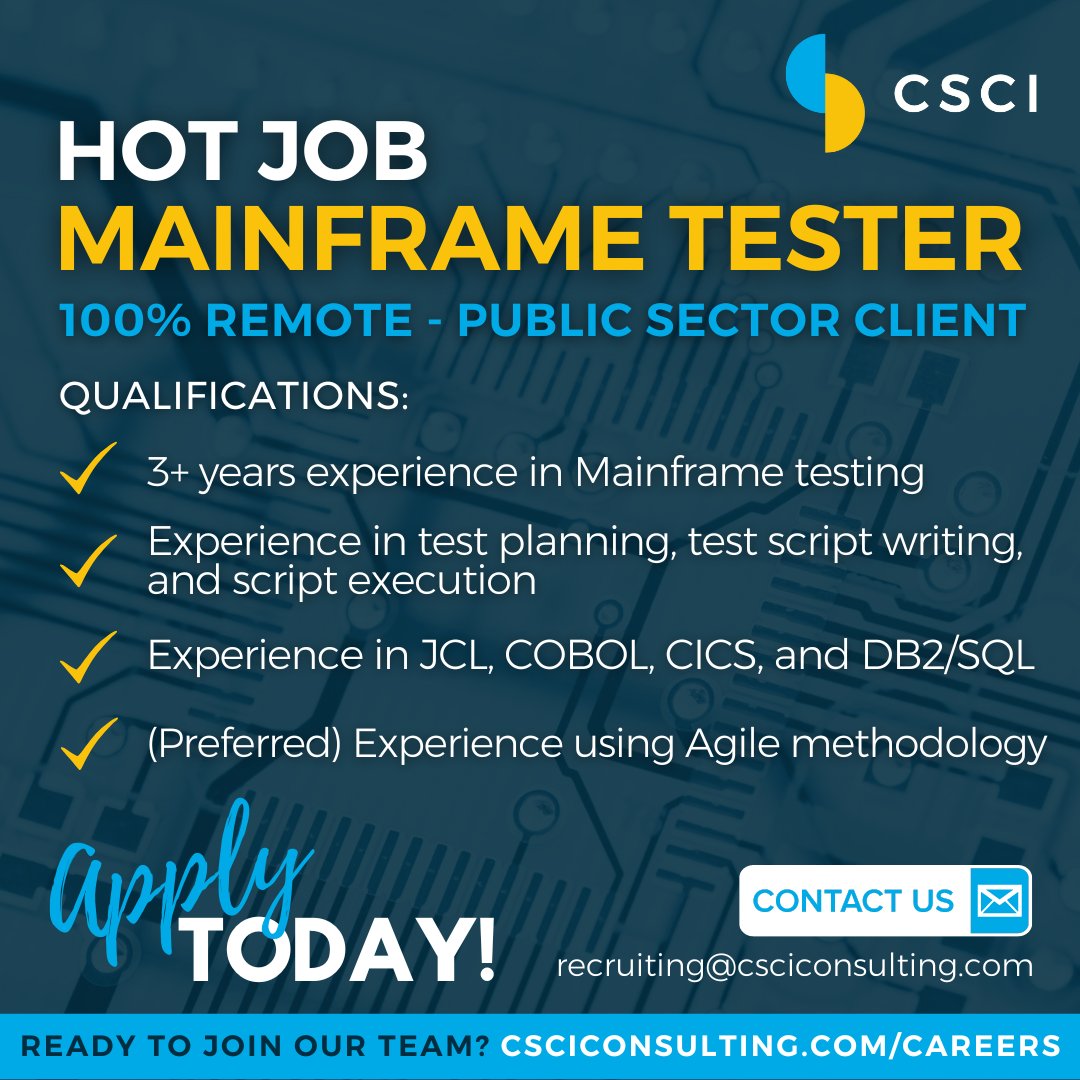 CSCIConsulting's tweet image. CSCI is looking for a seasoned mainframe tester to serve one of our clients in the public sector. Could this 100% remote position be just what you're looking for? Get the details on our website: bit.ly/3iVBKS8
#CSCI #NowHiring #MainframeDeveloper