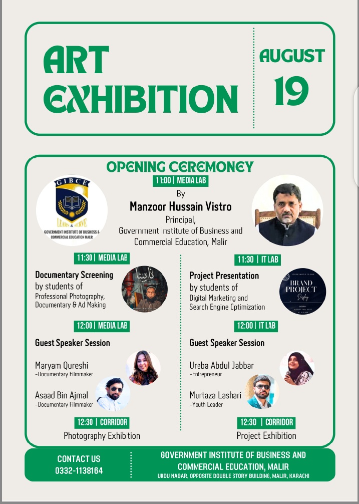 GIBCEMALIR's tweet photo. GIBCE Malir 1st Art Exhibition Schedule For Tomorrow, You All Are Requested To Come And Join Us.
#GIBCE #exhibitions #ideas #art #DigitalMarketing #seo https://t.co/FIWBUPvIDg