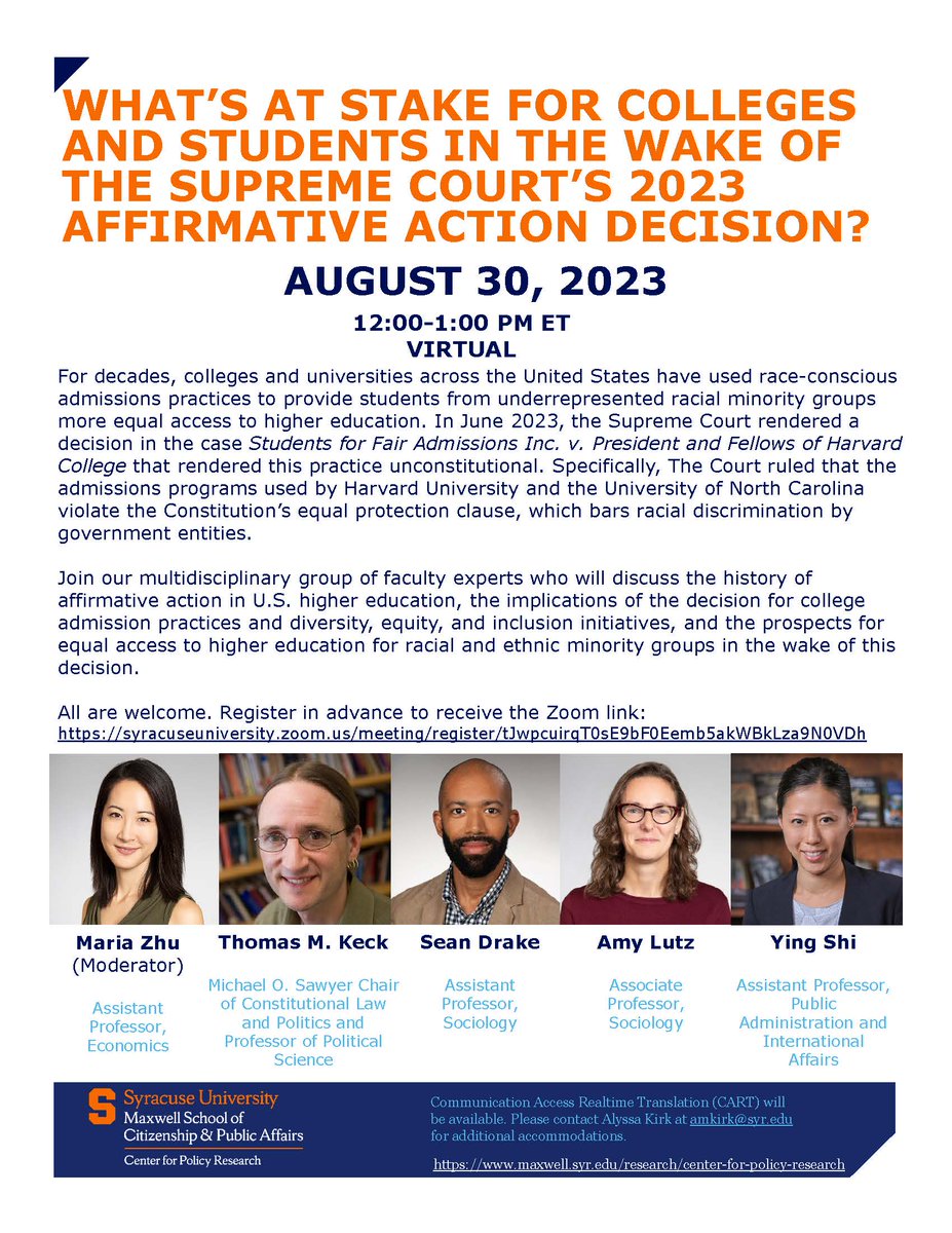Join us on 8/30 when a multidisciplinary group of faculty experts will discuss what's at stake in the wake of the supreme court's 2023 #affirmativeaction decision. 

Register here: lnkd.in/esbFdejR

<a href="/mariabzhu/">Maria Zhu</a> | <a href="/tmksyracuse/">Thomas M Keck🗽☮️</a> | <a href="/SeanJDrake1/">Sean Drake</a> | <a href="/Lutz_Amy/">Amy Lutz</a>