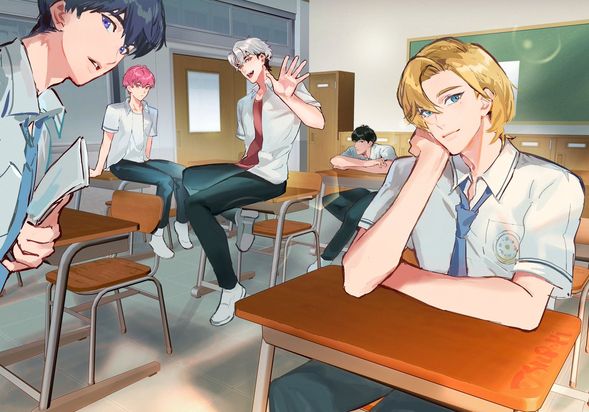 multiple boys desk blonde hair necktie classroom indoors male focus  illustration images