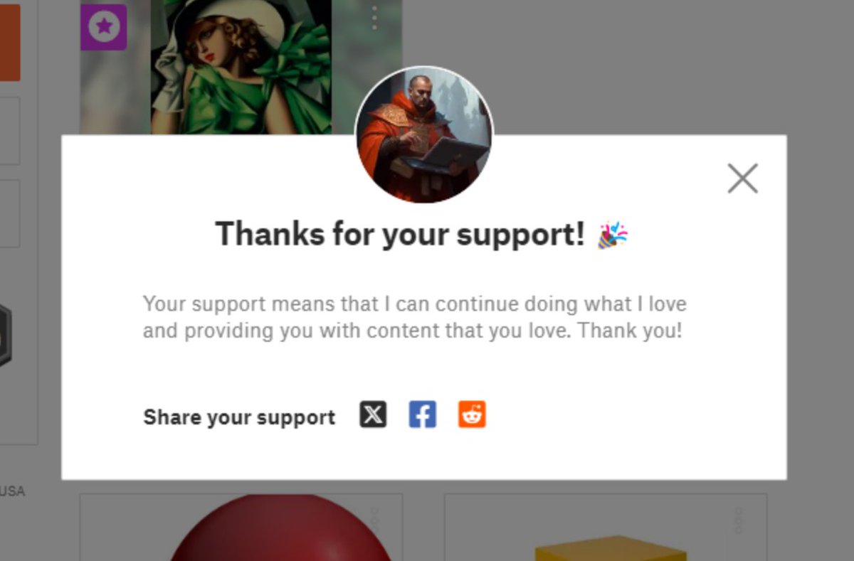 printablescom's tweet photo. Friday update📃
- Added buttons to the modal window after user supports a creator to share it on social media
- Added sharing to Reddit
- Added support for .zpr and .lyt files (@eastman)
- Performance updates (caching of featured prints on HP)
- Bug fixes in our server monitoring tool
- Updated Twitter icon to X 😥