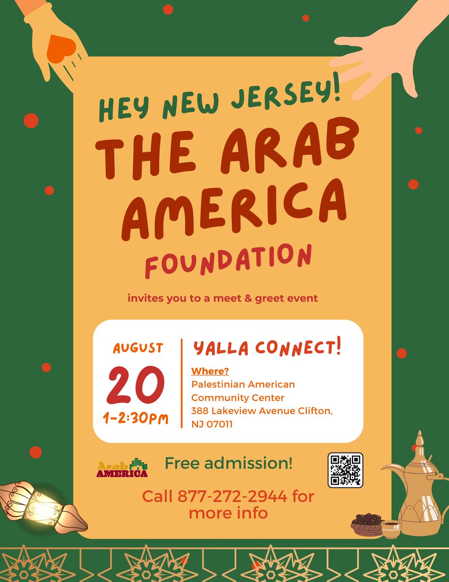 Yalla Connect! Join us with a meet and greet event in New Jersey 🏙 Mark your calendar with a day filled with meaningful connections!🗓 📌When: August 20, 1 pm 🍴Where: Palestinian American Community Centre For Registration: eventbrite.com/e/team-new-jer…