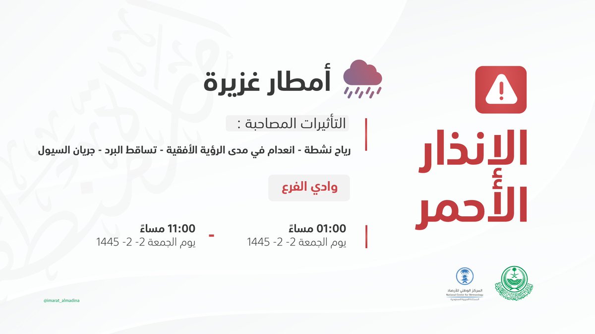 imarat_almadina's tweet photo. الحالة: أمطار غزيرة.
نهاية الحالة: 11:00 مساءً.

#وادي_الفرع
#المركز_الوطني_للأرصاد https://t.co/4UDCUryrdT