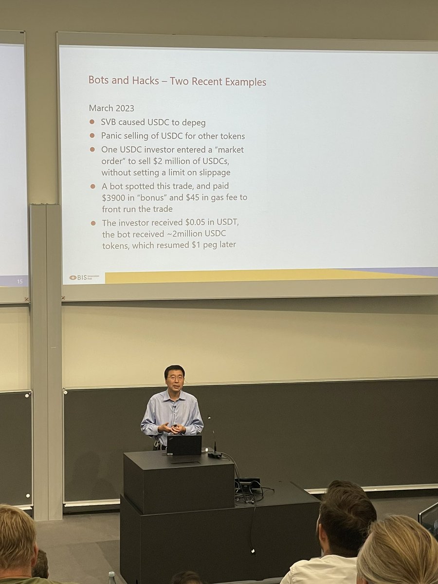 I’m at the #NordicBlockchainSummit in <a href="/ITUkbh/">ITUkbh</a> today. I liked <a href="/roman_beck/">Roman Beck</a>'s opening remarks and @europeansandbox Project Leader <a href="/MarjoleinGeus/">Marjolein Geus</a>'s keynote speech, but this point from Dr. William Zhang really resonates: never place open market orders.  #nordics #blockchain $usdc