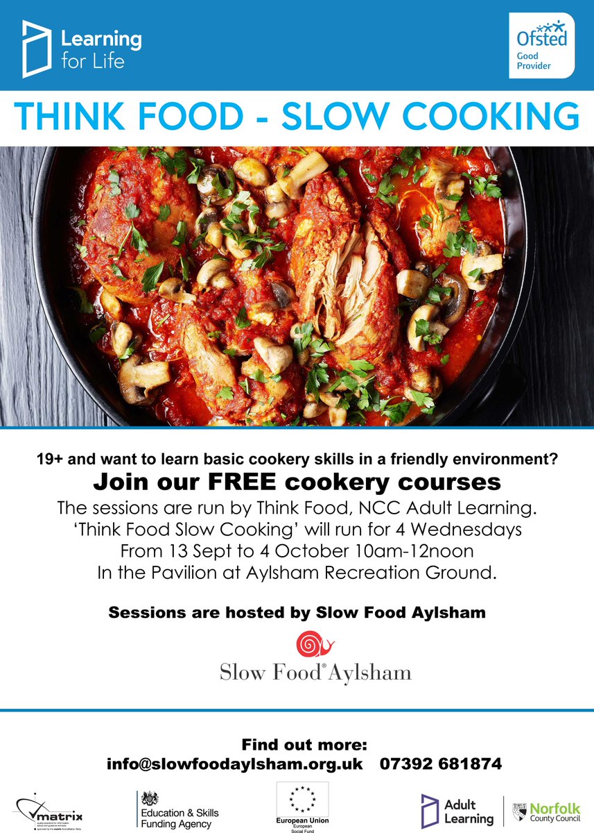 Can't cook, won't cook but want to learn? If you're 19+ you're welcome to join our FREE Slow Cooker cookery course at Aylsham Pavilion starting 13 September. Slow cookers, ingredients and equipment provided. Contact info@slowfoodaylsham.org.uk or text 07392681874