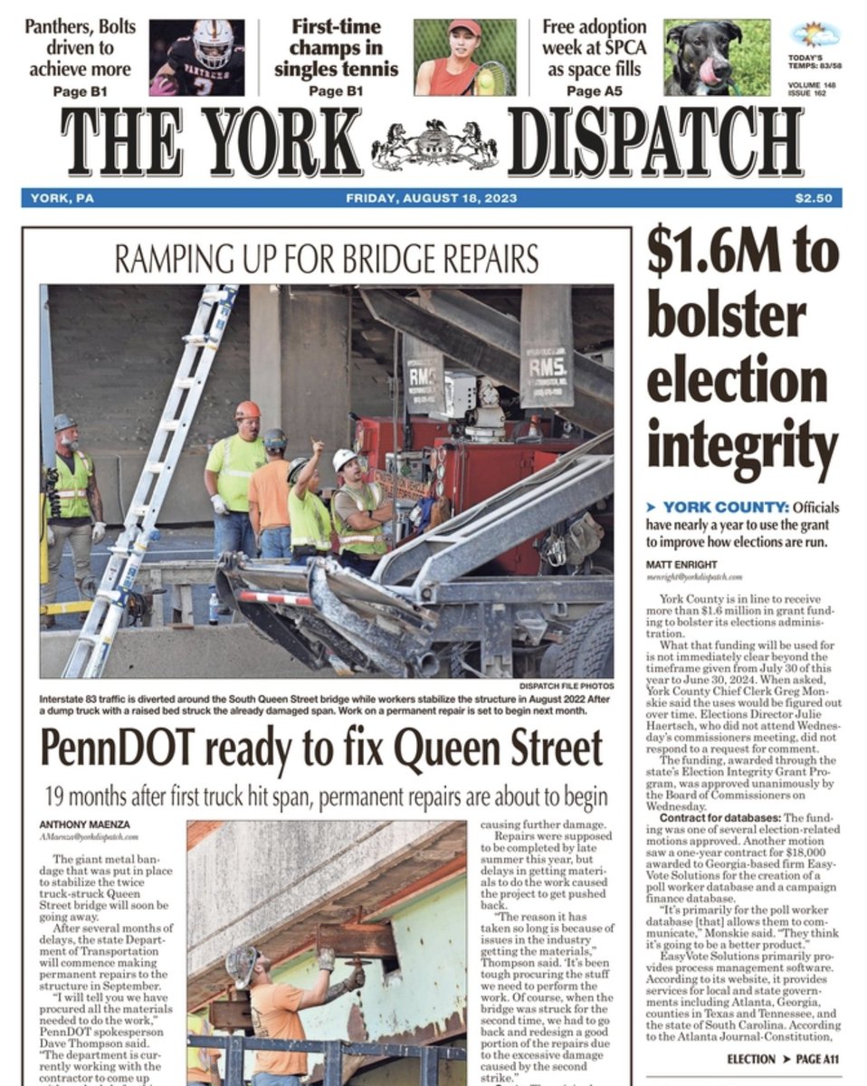 wjmckelvey's tweet photo. Pick up today's @YorkDispatch for great reporting from @atmaenza on plans for the Queen Street bridge, @Matthew_Enright on how York County plans to use $1.6M in election integrity funds and so much more.

Online here: https://t.co/obgOpA8VP2

And here: https://t.co/0QI85SPKUj https://t.co/BEXetcoaNH