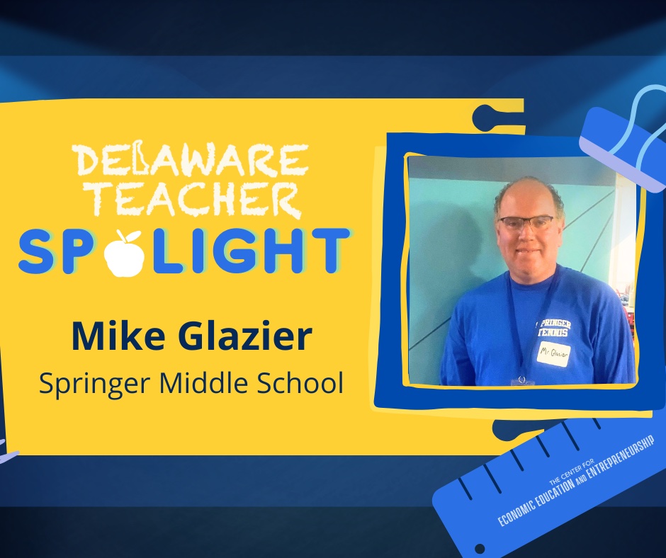 CEEEatUD's tweet image. Congrats to Mike Glazier on the Delaware Teacher Spotlight! With 15 years of teaching, he champions Personal Finance as a vital life skill. His dynamic use of the Stock Market Game creates engaging and fun economics lessons.  #TeacherSpotlight #EconED #InspiringTeaching #netde