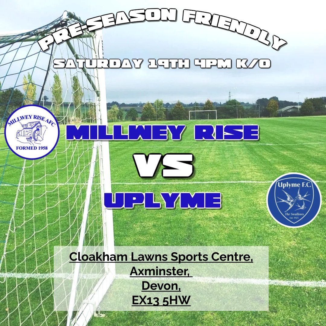 MillweyRiseAFC's tweet photo. Tomorrow sees a club double header where both Millwey sides play host to both Uplyme sides in our las scheduled friendlies before the season starting next weekend. Come down and cheer the boys on.
Kick-off's are 2pm and 4pm, both tea hut and bar will be open for refreshments. https://t.co/DLujLb1eJd
