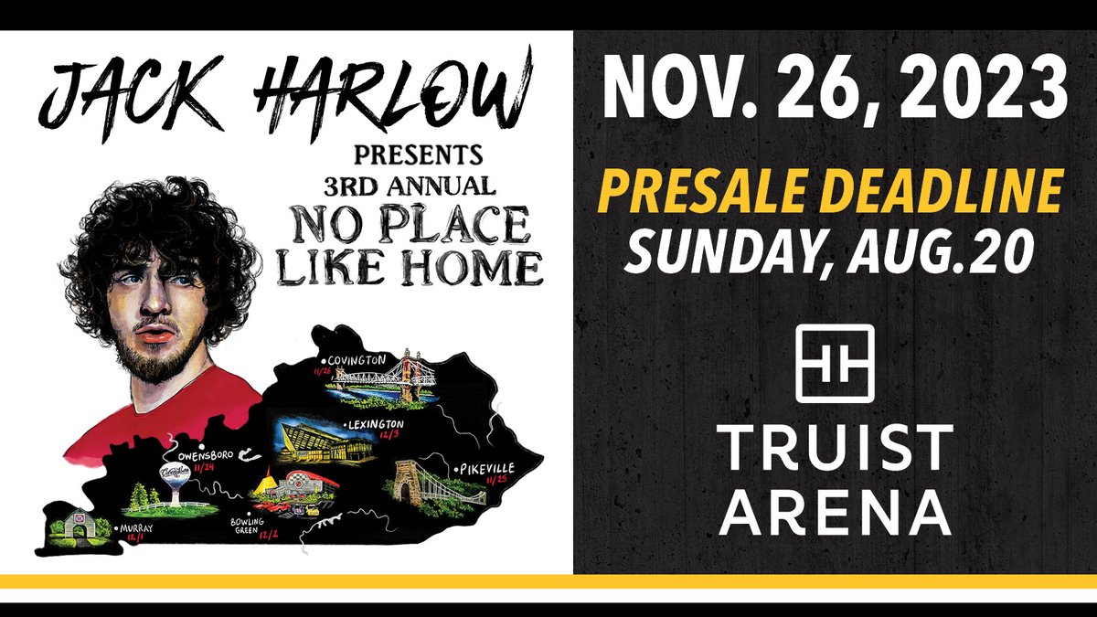 🚨 @jackharlow announced his No Place Like Home - The Kentucky Tour 2023 is coming to @theTruistArena on Nov. 26!

Register now through Sunday, Aug. 20, for #CitiPresale and Artist Presale ⬇️
ow.ly/BEua50PANRO