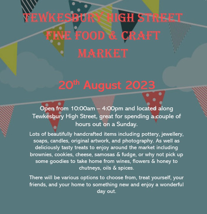 Tewkesbury High Street Fine Food &amp; Craft Market is back this Sunday, 20th August, 10am-4pm! The market will have a great range of suppliers stocking great gift ideas &amp; tasty treats.

Make sure to also pop into the local shops, cafes, pubs, and restaurants to #supportlocal☕🍰🧶🎨