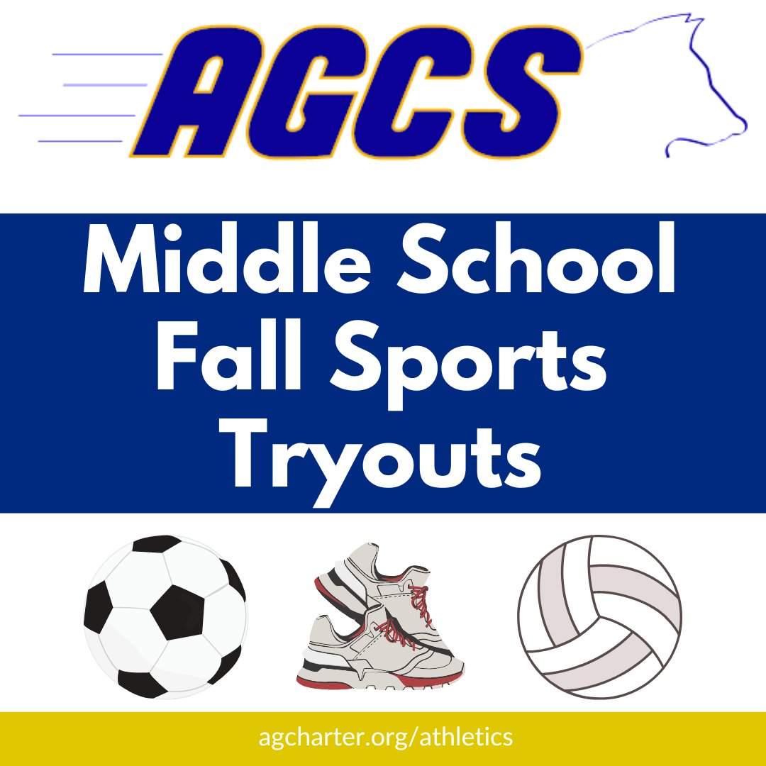 AGCharter's tweet photo. Middle School Fall Sports Tryouts

🏐MS Girls Volleyball: 8/28 - 8/30 from 4:15-6 p.m.

⚽️MS Boys Soccer:  8/29 - 8/31 from 2:30-4:15 p.m.

👟MS Co-Ed Cross Country: 8/28 - 8/31 from 3-4:30 p.m.

Physicals are required. Learn more: https://t.co/Ftxmq70NTH https://t.co/cTIvmXCQBi