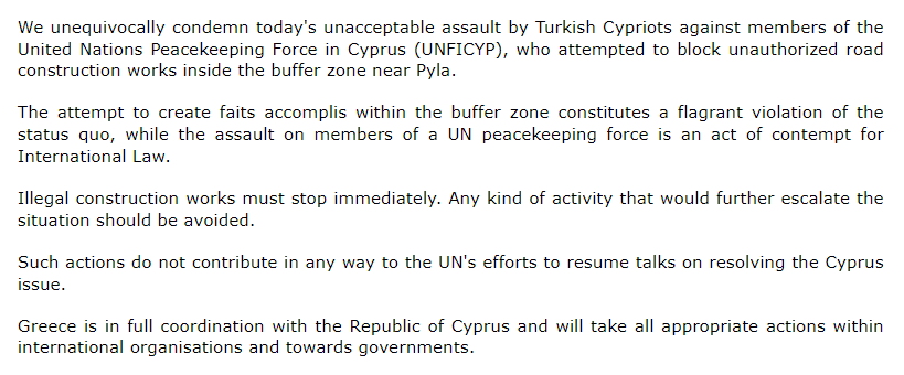 .<a href="/GreeceMFA/">Υπουργείο Εξωτερικών</a> Statement on the assault against the UN Peacekeeping Force #UNFICYP in #Cyprus and the attempt by the occupying forces to create faits accomplis on the ground

🔗mfa.gr/en/current-aff…
