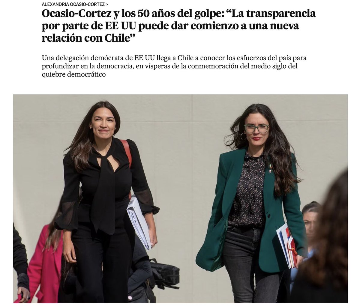Ayer estuvimos con <a href="/AOC/">Alexandria Ocasio-Cortez</a> conversando sobre la importancia de desclasificar los archivos de la CIA sobre el Golpe de Estado en Chile a 50 años de este. Valoramos su iniciativa legislativa, que va en línea con los intereses de nuestro Gobierno por avanzar en Verdad y Justicia.
