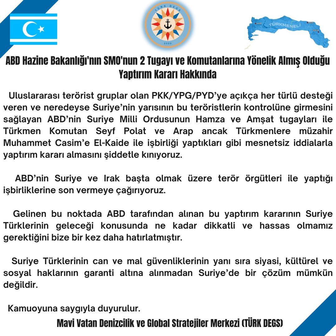 🔴ABD Hazine Bakanlığı'nın SMO'nun 2 Tugayı ve Komutanlarına Yönelik Almış Olduğu Yaptırım Kararı Hakkında

📌Uluslararası terörist gruplar olan PKK/YPG/PYD’ye açıkça her türlü desteği veren ve neredeyse Suriye’nin yarısının bu teröristlerin kontrolüne girmesini sağlayan ABD’nin