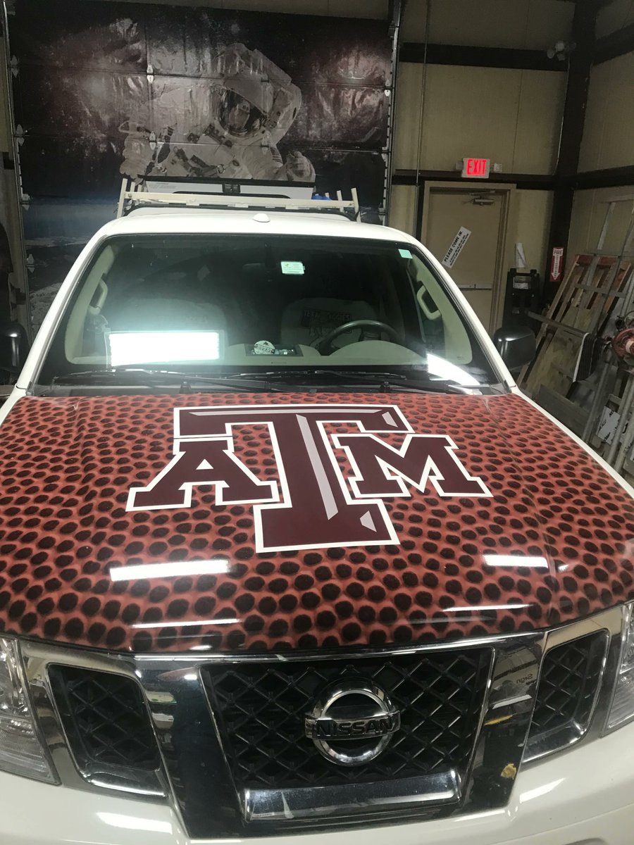 SignCraftTexas's tweet photo. Wraps aren't just for companies! Let us help you showcase your favorite things, like this Aggie hood wrap of day 6 of #WeekOfVehicleWraps.

#fleetwrapgraphics #aggiepride #customvehiclewraps #vehiclewraps #truckwraps #truckdecals #houstoncarwraps #houstontruckwraps #FunSignFriday https://t.co/WRGl31TNx2
