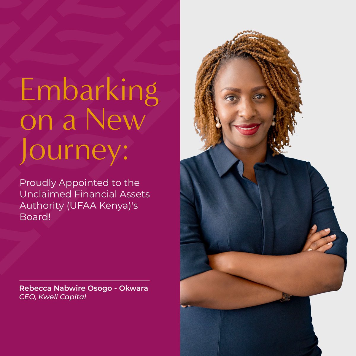 BeckyNabwire's tweet photo. I am thrilled to announce that today, I have been appointed to the Board of the Unclaimed Financial Assets Authority (UFAA Kenya) 🌟

This moment fills me with immense joy and I am eagerly looking forward to contributing to the advancement and success of the authority. https://t.co/qq0pe7kX0F