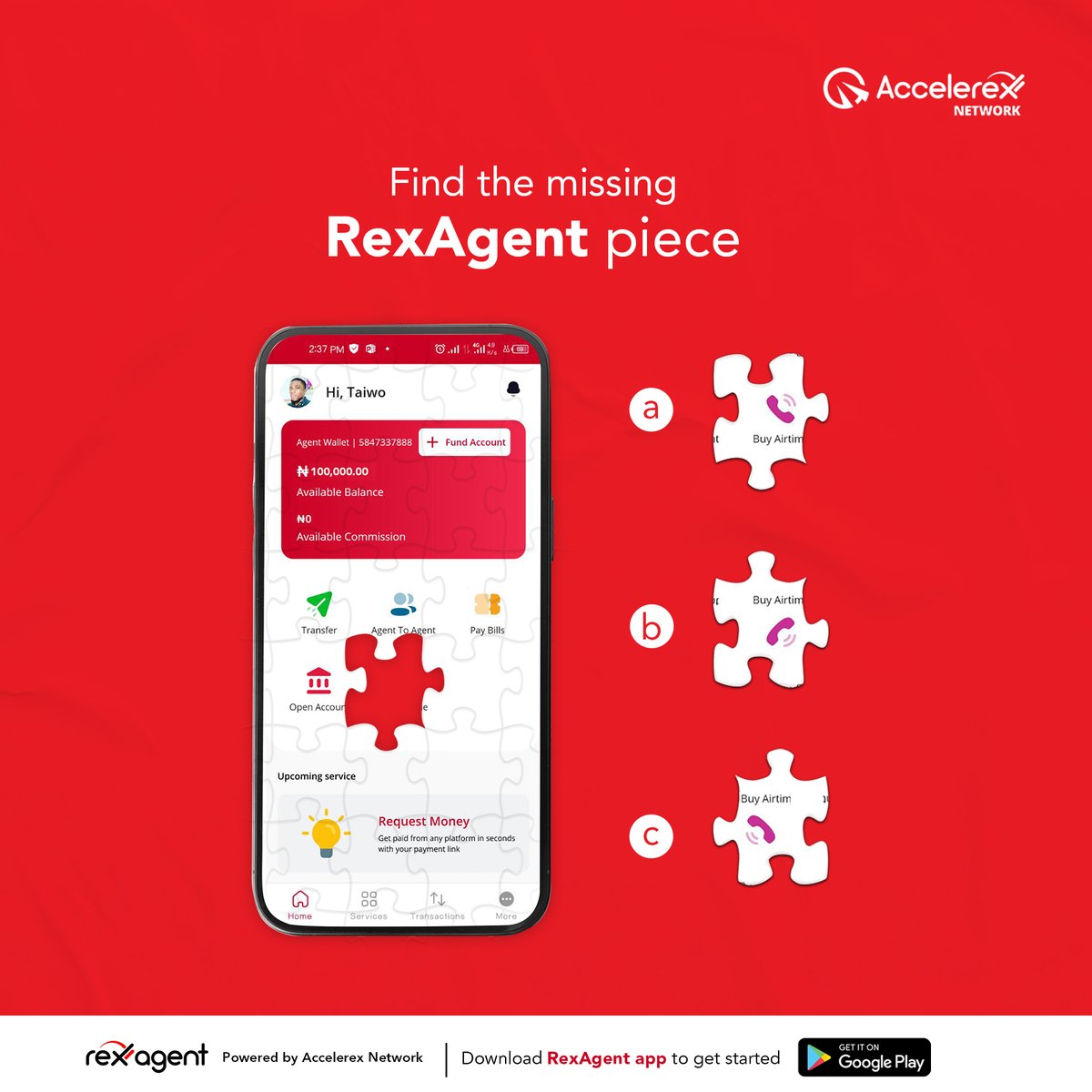 AccelerexN's tweet photo. Let's see how well you know the RexAgent app 🤔

Which piece best fits the puzzle? Drop your answer 👇 

#AccelerexNetwork
#RexAgent
#Fridaygame https://t.co/OEmOKcwwVj