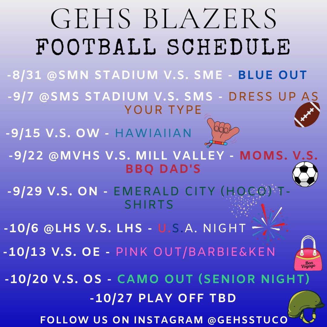 Blazers!! Here is the offical 2023-24 FNL football themes!! The first two games are Thursday away games, so prepare yourself!