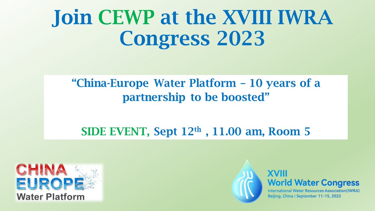 📢Are you going to be in the XVIII IWRA Congress 2023 in Beijing? Don't miss #CEWP Side Event!

📅Save the date: Sept 12th, 11.00 am, Room 5

Hope to see you there!