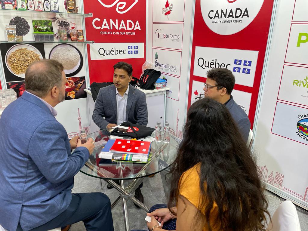 Quebec_India's tweet photo. Meetings in progress today with our Director @Paradis_Fran and Trade Commissioner @NikhilThorat and @TradeTeamIndia colleague @KeshaTCS at @FiHiIndia. Do visit tomorrow Hall 1, G-64, Bombay Exhibition Centre for agriproducts from #Quebec 

#fedprovpartnership #bilateraltrade https://t.co/s9BU9jw9Ja