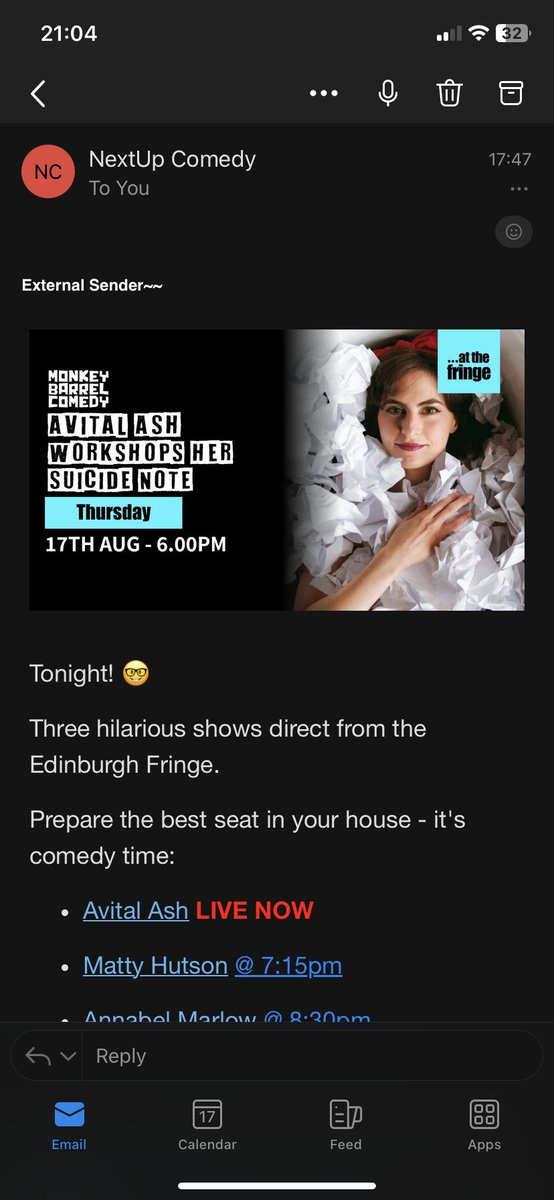 I think I'm still reeling from <a href="/avitalash/">avital ash</a>'s show on <a href="/nextupcomedy/">NextUp - Live Comedy</a> last night. The title, Avital Ash Workshops Her Suicide Note, should be taken quite literally. In fact I'm definitely still reeling because I got her name totally wrong the first time I typed that. Wowser #EdFringe